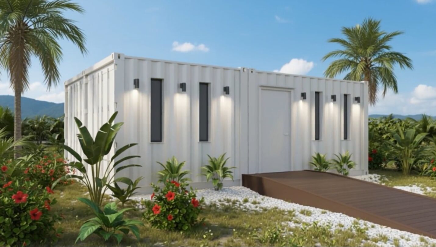 Modular classroom deployed in Puerto Rico with tropical landscaping and ADA ramp