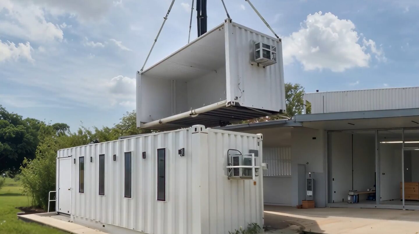 Crane stacking modular classroom units during on-site deployment
