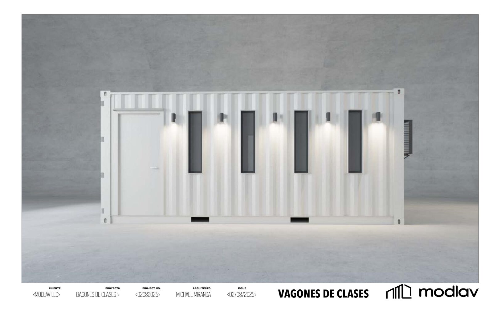Modlav classroom module 3D architectural render with exterior lighting