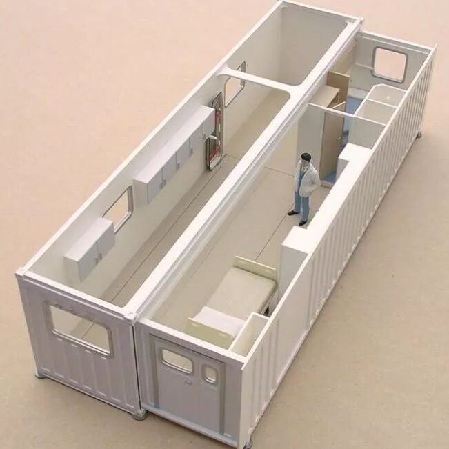 Medical container interior layout model with treatment rooms